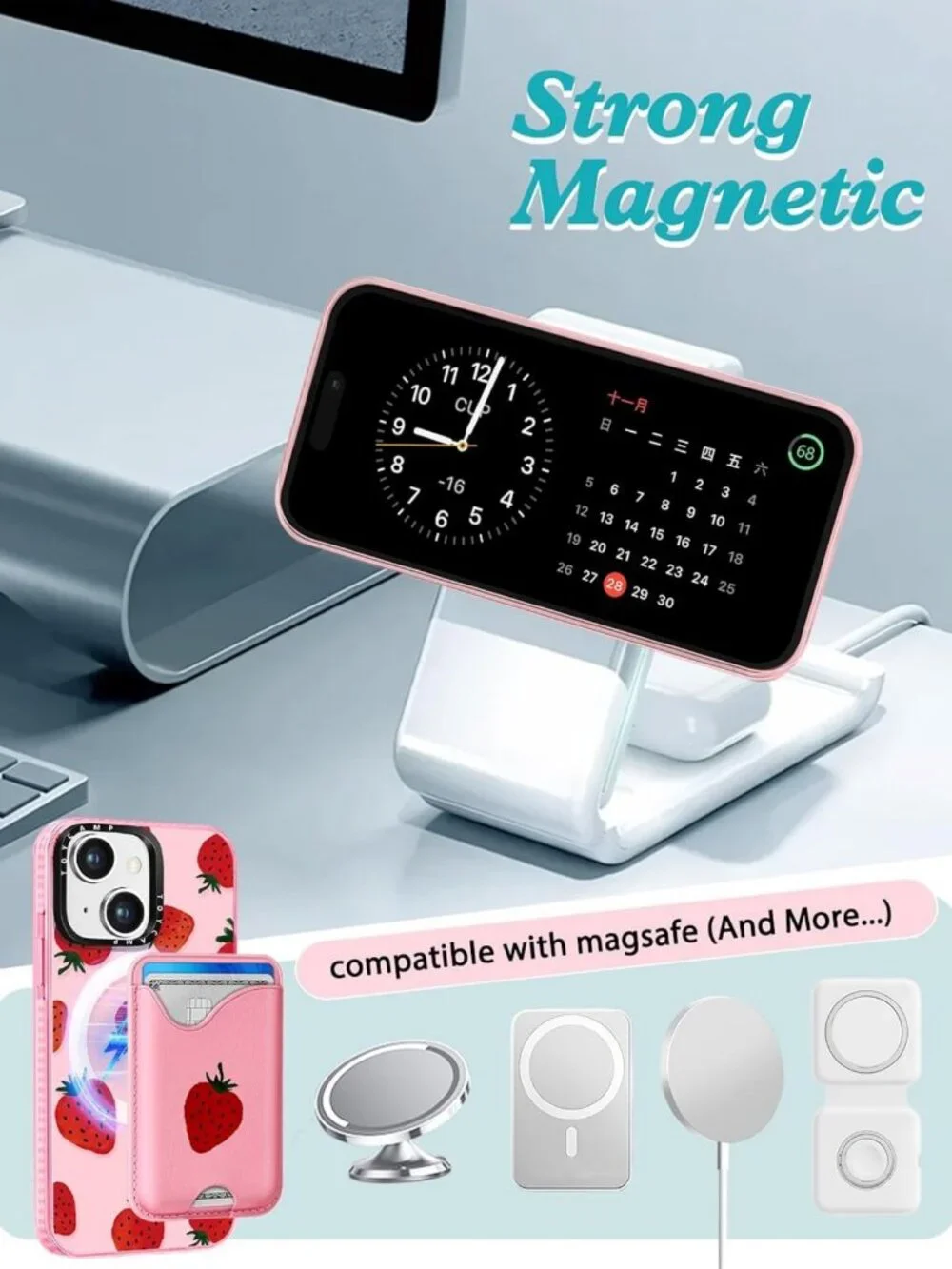 Cute Strawberry Design iPhone 14/13 Case - Magnetic Wallet, Kawaii Phone Cover